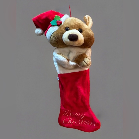 Vtg Smithy Stuffed Teddy Bear stocking Plush Santa Hat Red Christmas Holiday - Picture 1 of 5